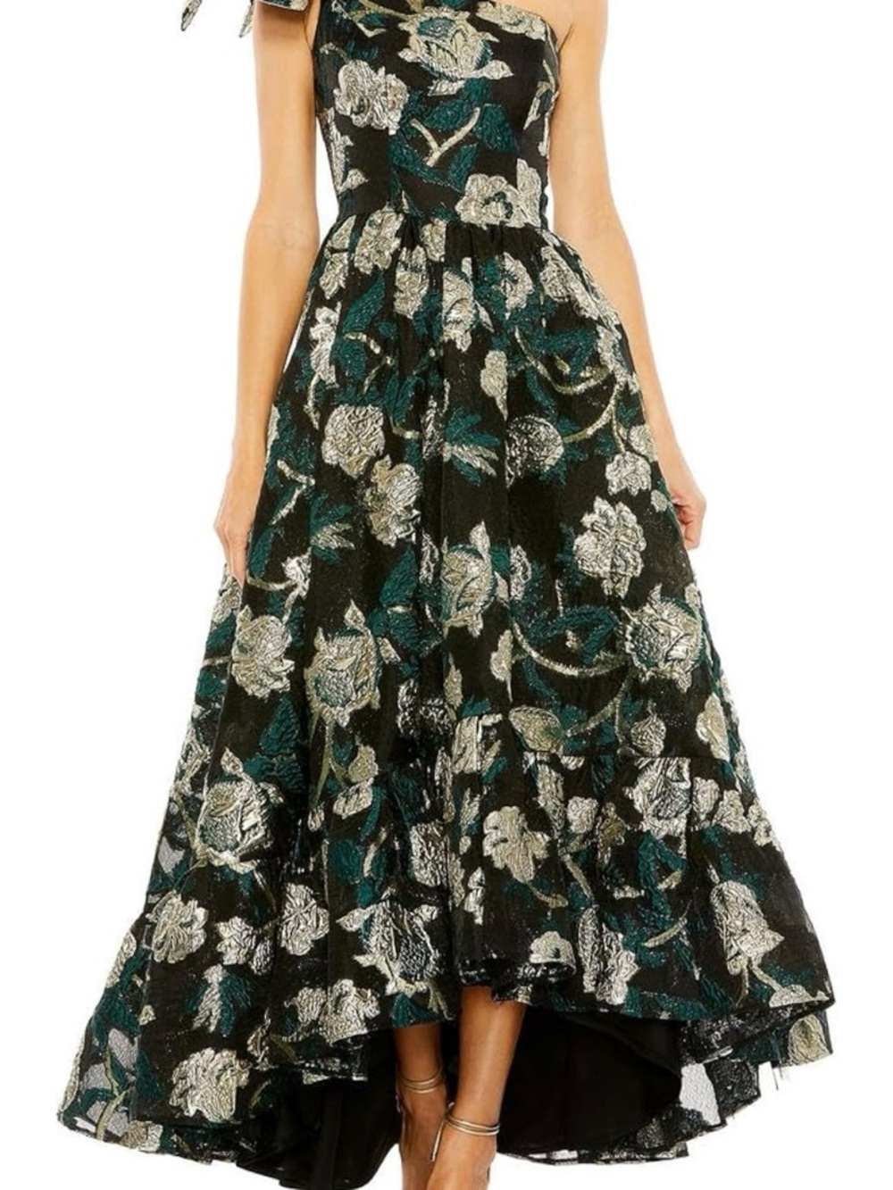 Mac Duggal One-Shoulder Black Green and Gold Floral Evening Dress